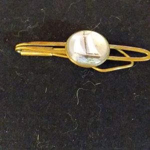 Sailboat Tie / Money Clip Reverse Painted Molded Glass Vintage Sailboat